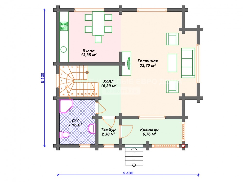 Двухэтажный дом 9,1x9,4 м 005