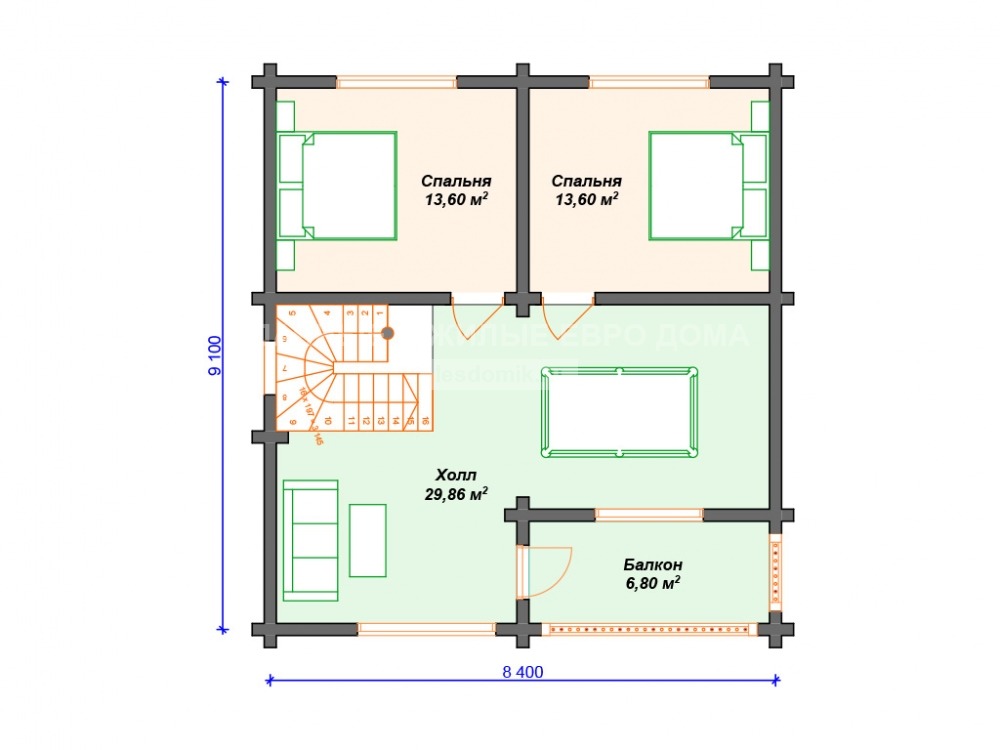 Двухэтажный дом 9,1x9,4 м 006